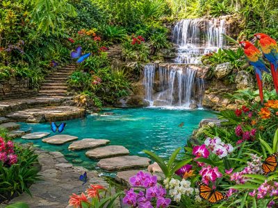 Puzzle de Jardín tropical con cascada y loros