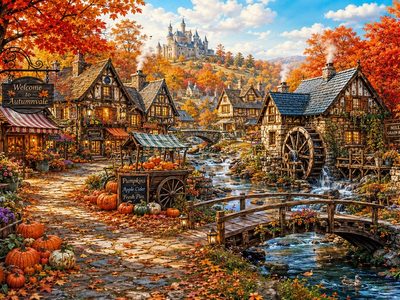Puzzle de Otoño: Pueblo otoñal con molino de agua y calabazas