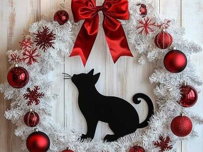 Puzzle Puzzle Couronne de Noël blanche ornée de décorations rouges et d'un chat noir