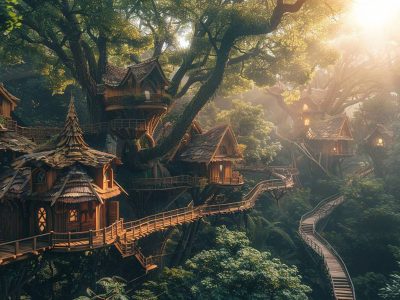 Puzzle Village elfique mystique dans une forêt