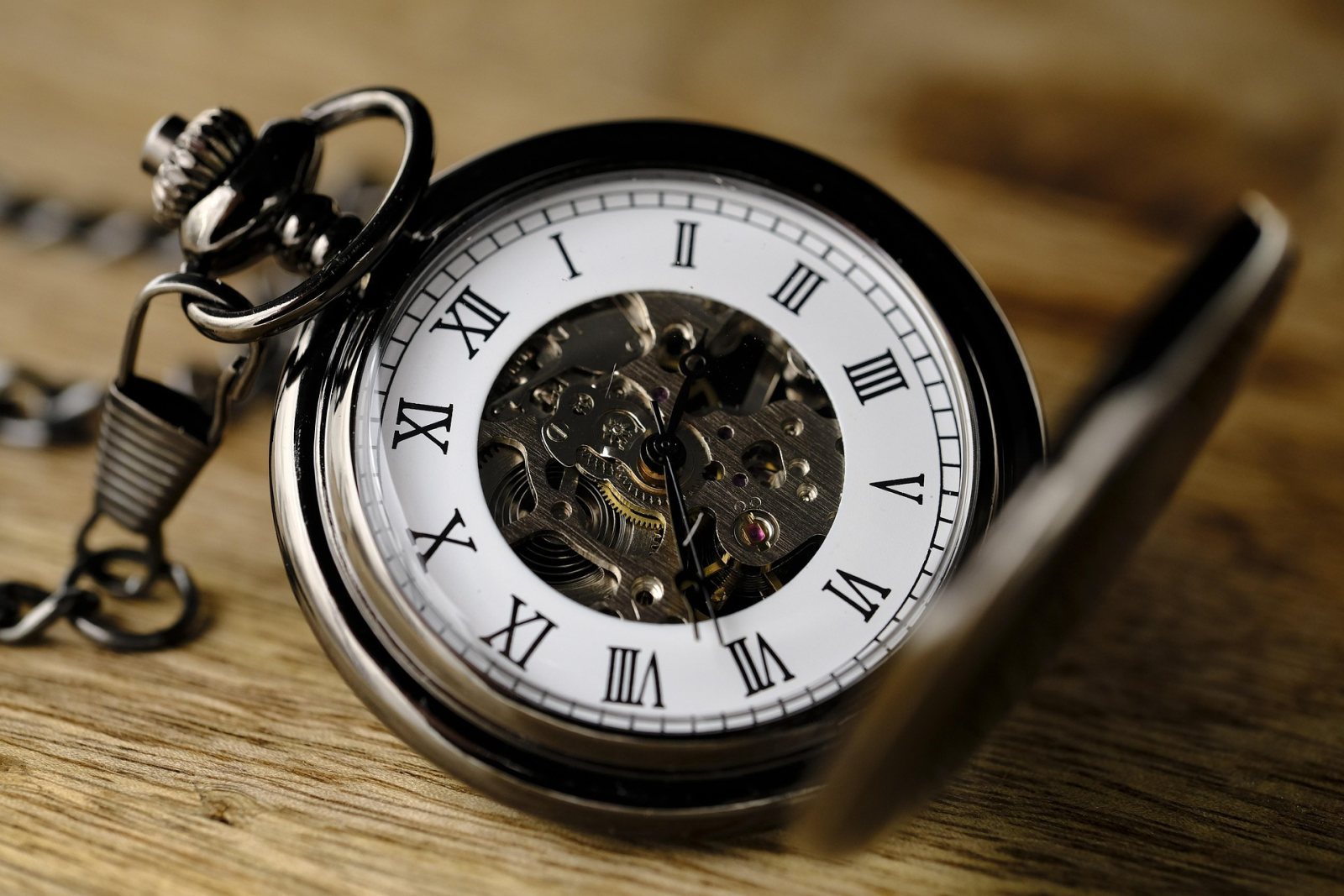 Skeleton Pocket Watch on Wood