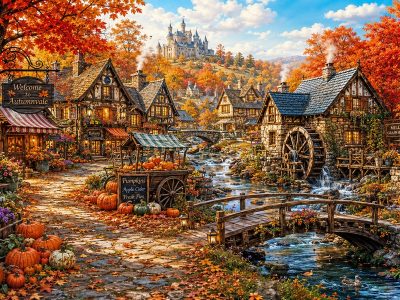 Halloween jigsaw puzzle: Autumn Village with Watermill and Pumpkins