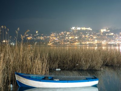 Jigsaw puzzle Blue Boat on a Quiet Lake at Dusk, preview
