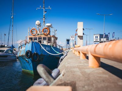 Jigsaw puzzle Blue Fishing Boat in the Harbor