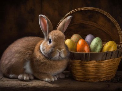 Jigsaw puzzle Jigsaw puzzle Easter Bunny Next to a Basket Full of Colored Easter Eggs