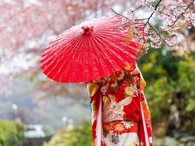 Jigsaw puzzle Kyoto Japan Cherry Blossom and Woman Red Kimono Umbrella