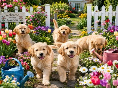 Legpuzzel Legpuzzel Golden retrieverpuppy's in de tuin