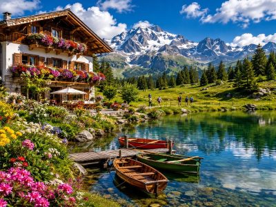 Puzzle Alpejski domek z jeziorem i łodziami