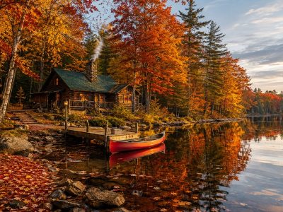 Puzzle Puzzle Jesienna chata z bali nad jeziorem z czerwonym kajakiem