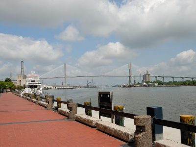 Jigsaw puzzle Savannah riverwalk with the Talmadge Memorial Bridge