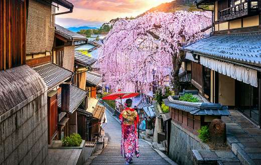 Woman wearing japanese traditional kimono Higashiyama district
