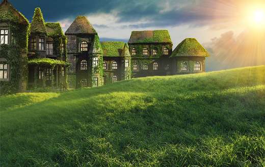 Fantasy castle on green meadow