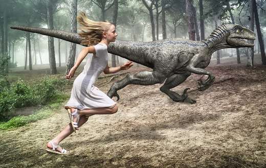 Girl run with dinosaur