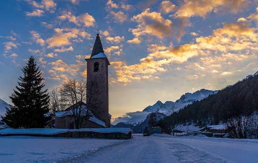 Winter time landscape with church background
