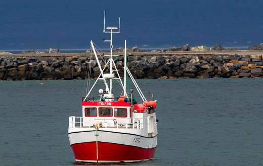 White red fishing vessel anchored