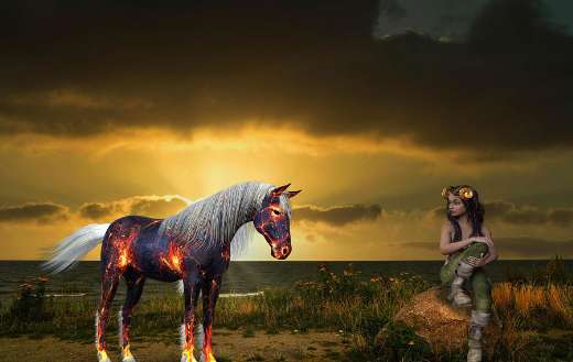 Fire horse and woman with horns