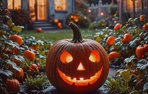 Carved pumpkin in the garden