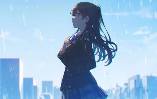 Girl in uniform standing in the rain