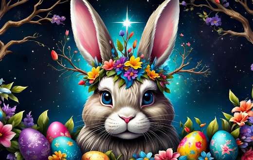 Colorful rabbit with easter colorful eggs