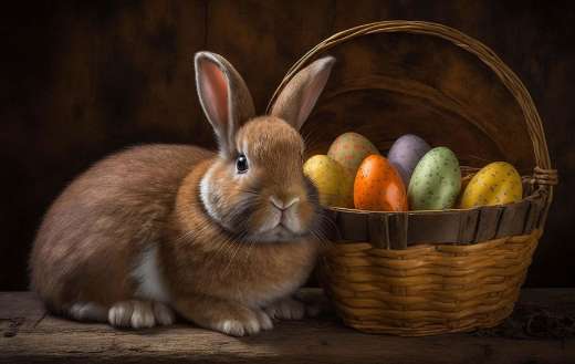 Easter bunny next to a basket full of colored Easter eggs