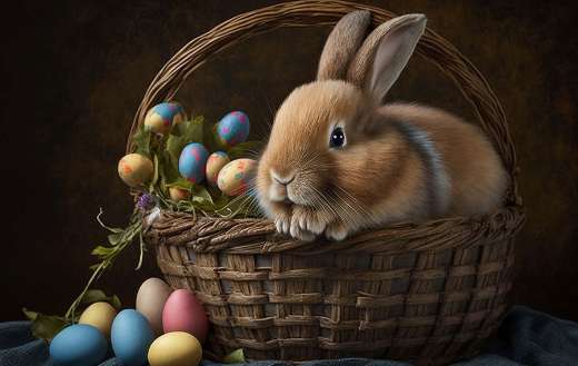 Rabbit in a basket with easter eggs