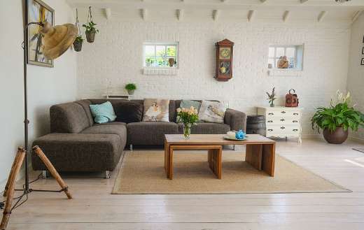 Living room with wooden coffee table set