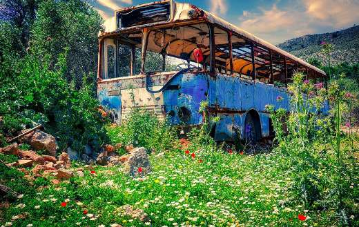 Abandoned rusty volvo bus