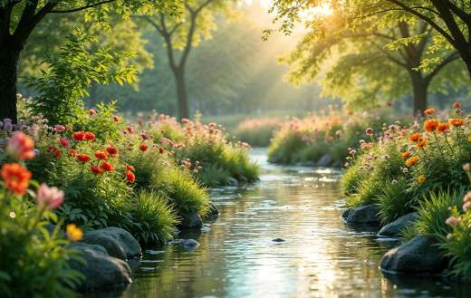 Calm stream surrounded by a colorful wild flowers