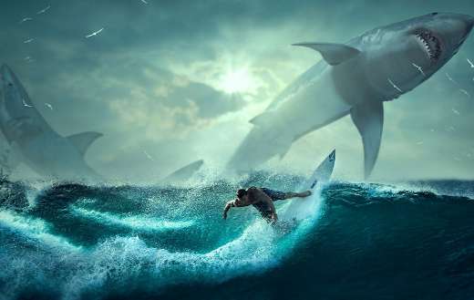 Fantasy picture of surfer sharks