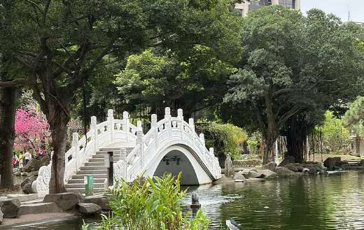 Small white bridge in a peaceful garden