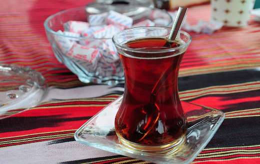 Tradional turkish tea served small tulip shaped glass
