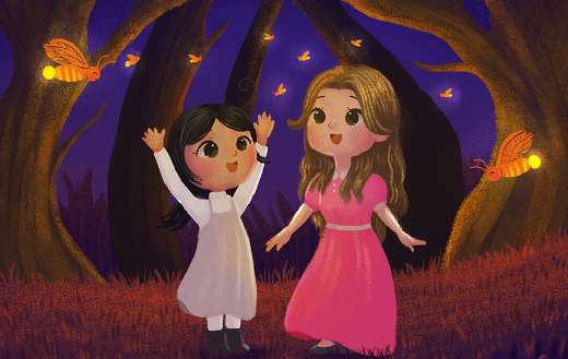 Two girls playing in a forest at night