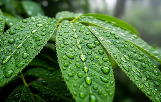 Vibrant green leaves covered with water droplets