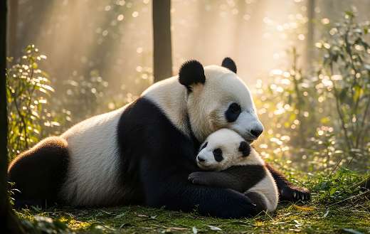 Giant panda with her cub in a cozy sunny forest