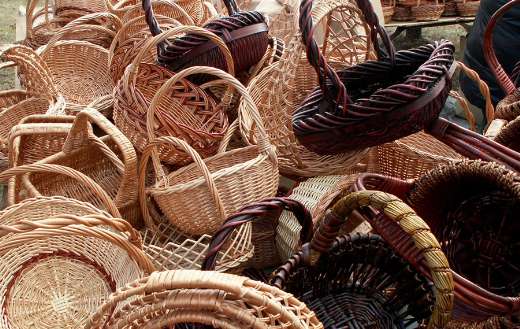 Several artisanally woven wicker baskets