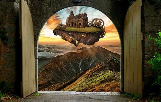 Stone gate overlooking floating island