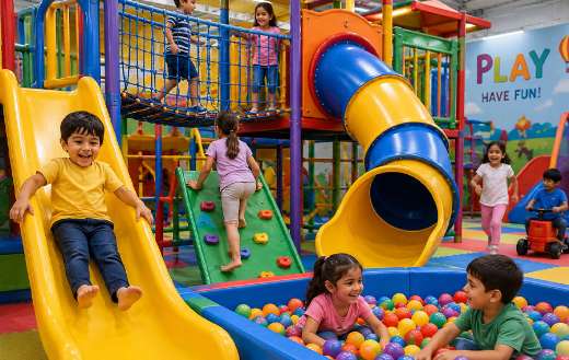 Colorful indoor playground with various play equipments