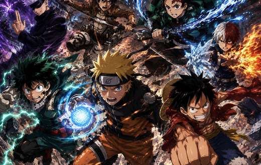 Crossover poster featuring main characters anime series