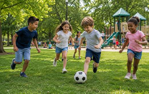 Group of children playing soccer