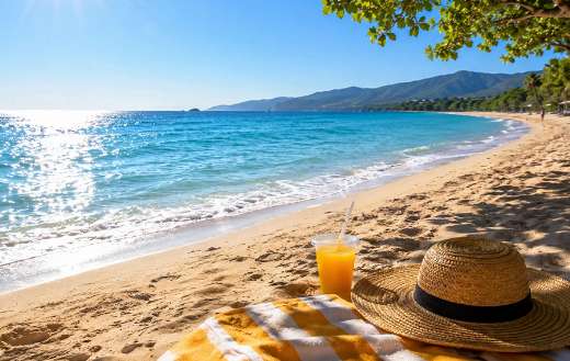Serene beach scene bright sun shining