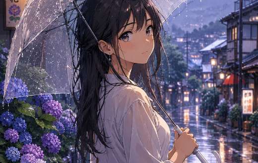 An anime girl with black hair holding umbrella