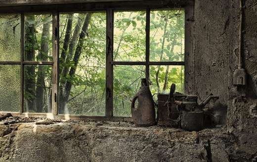 An interior view of a derelict or abandoned
