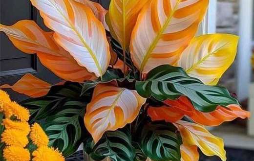 Vibrant orange and yellow leaves and dark green